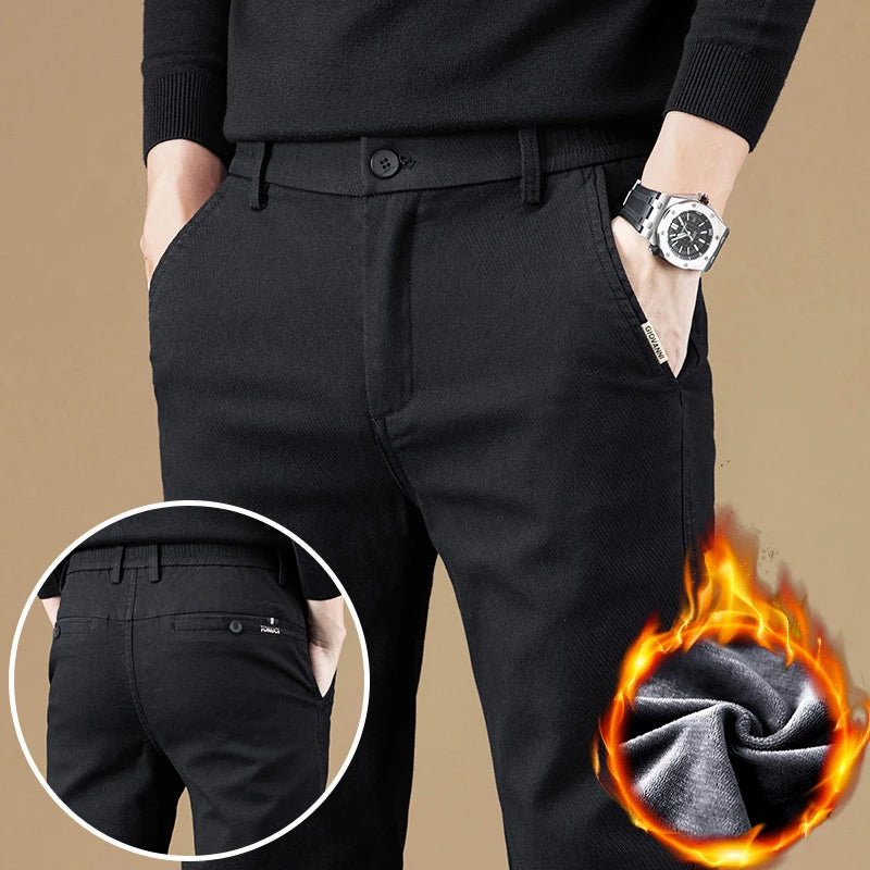 Stretch Fleece Casual Pants Men Korean Thickened Straight Thermal Velvet Pants Male Winter Business Soft Slim Fit Trousers