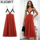 KLKXMYT Elegant Women Beading Slip Long Dress Pleated Sleeveless Backless Sexy Midi Dress Female Evening Party Dresses