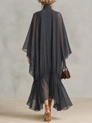 Elegant Women Sheer Chiffon Maxi Dress Turtleneck Batwing Sleeve Loose Flowy Ruffle Long Dress Casual Holiday Party Dresses