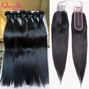 Queenlike Straight Human Hair Bundles with 2x6 Deep Middle Part HD Lace Closure 12A Brazilian Raw Hair Bundles with Closures