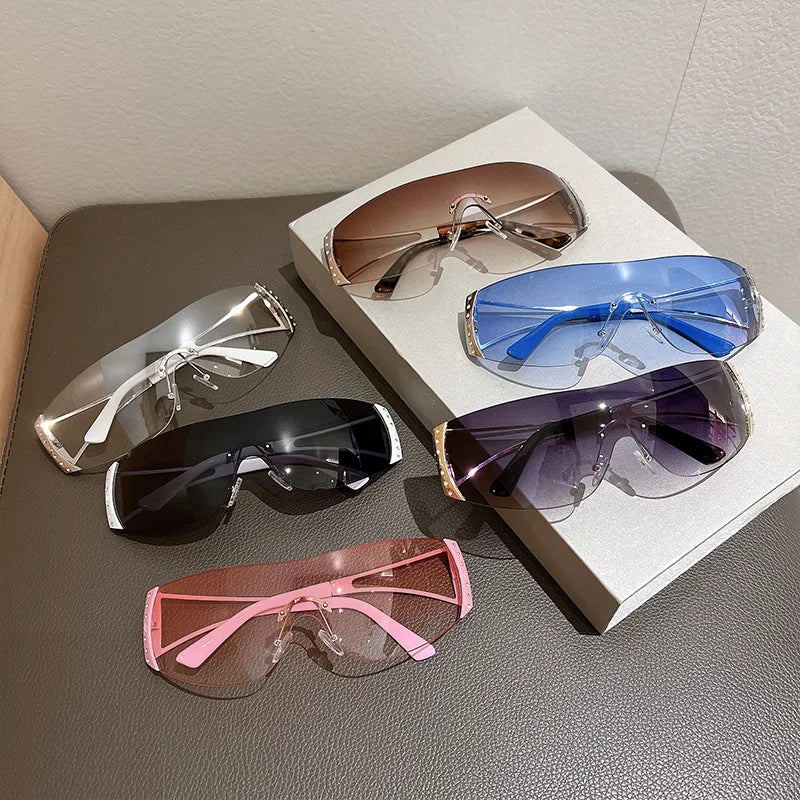 One Piece Rimless y2k Sunglasses Women For Men Fashion Vintage Luxury Brand Designer Sun Glasses Trendy Punk Sport Shades UV400