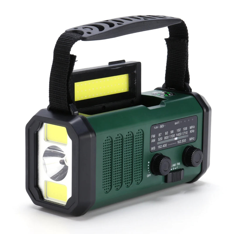 AM/FM/NOAA Weather Pocket Flashlight Radio SOS LED Emergency Radio Solar Hand Crank Powered Wind Up Phone Charger Bank