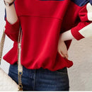 Autumn and Winter Women's Pullover Round Neck Contrast Shoulder Drop Long Sleeve Tee T-shirt Hoodies Fashion Casual Loose Tops
