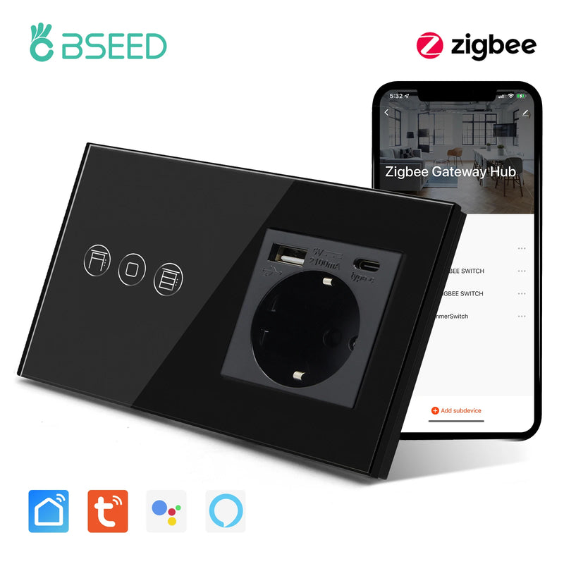 BSEED Zigbee Roller Shutter Switch Smart Light Wall Switches Electric Blinds Switch With EU Socket Support Tuya Smart Life Alexa