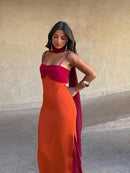 Fashion Women Color Blocking Scarf Collar Sling Dress Sexy Split Waist Cinching Bodycon Maxi Gowns 2026 Lady Club Party Vestidos