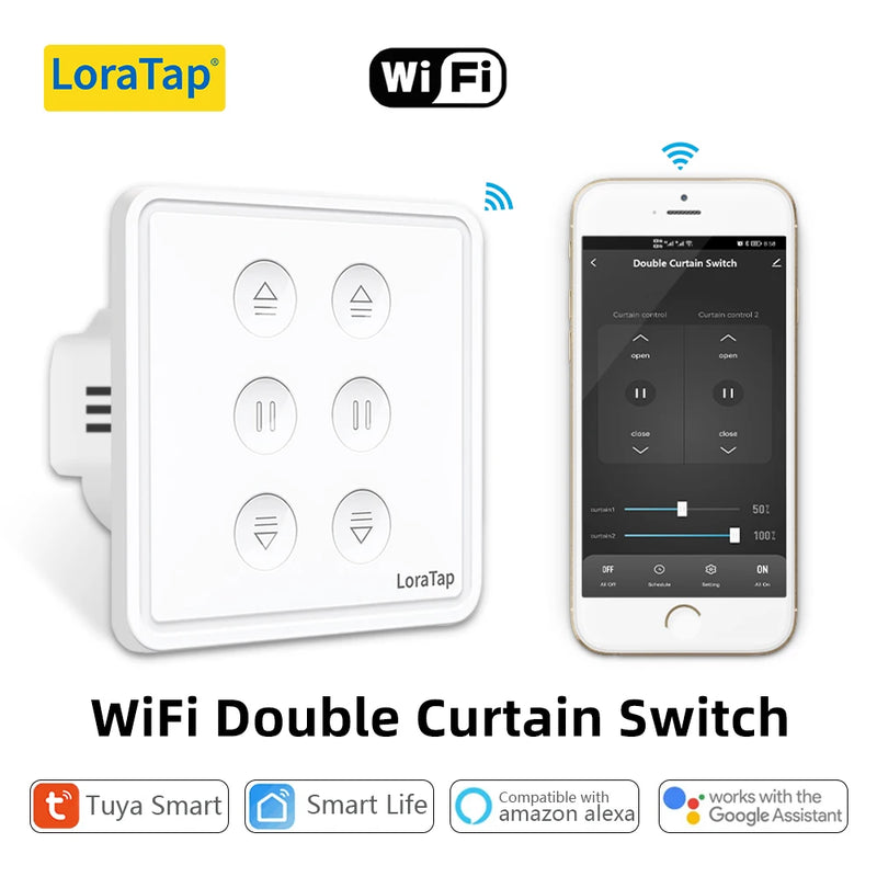 LoraTap Tuya Smart Life WiFi Double Curtain Blind Switch for Roller Shutter Electric Motor Google Home Alexa Voice Automatic