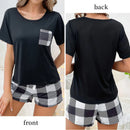 Zweiteiliger Damen-Pyjama, Rundhals-T-Shirt mit kurzen Ärmeln und karierten Shorts mit Schleife vorne, lässiges Homewear-Pyjama-Set