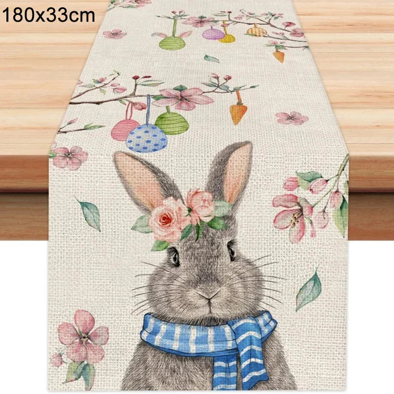 2024 Easter Rabbit Table Runner Linen Bunny Dining Table Cloth Placemat Spring Holiday Happy Easter Decoration For Home Kitchen