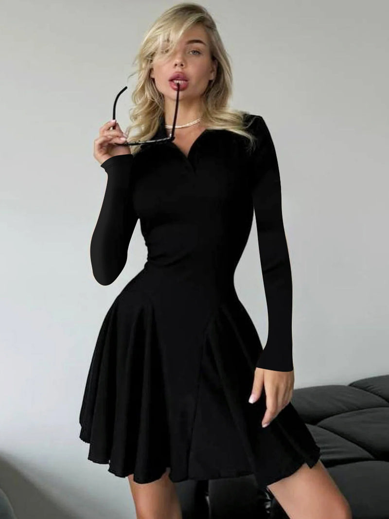 Tossy Lapel Fashion Autumn Mini Dress Female High Waist Solid Slim Patchwork Skinny Casual Party Dress Women's Bodycon Dress