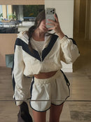 Casual Paneled Contrast Women's Pants Sets Stand Collar Zipper Cropped Jackets Elastic Wide Leg Pant 2026 Autumn Lady Tracksuits