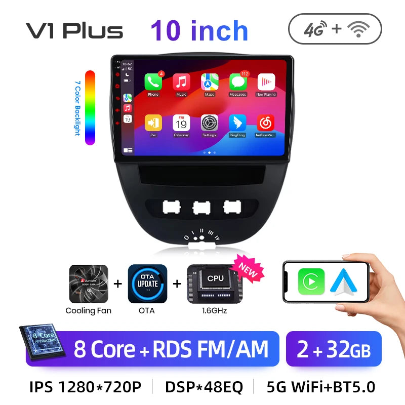 Junsun Android14 Wireless CarPlay for Apple Auto Car Radio Stereo for Peugeot 107 Toyota Aygo Citroen GPS TouchScreen Multimedia