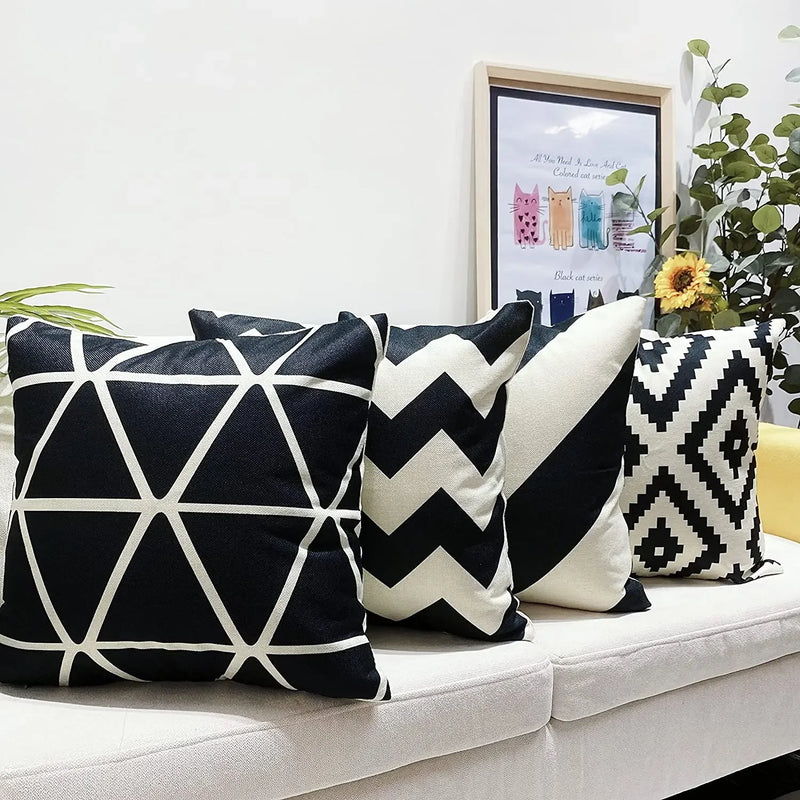Black Geometric Linen Cushion Cover, Home Decor, Living Room Sofa Pillow Cover Decor, Suitable for Bedroom Car 40x40 60x60 50x50