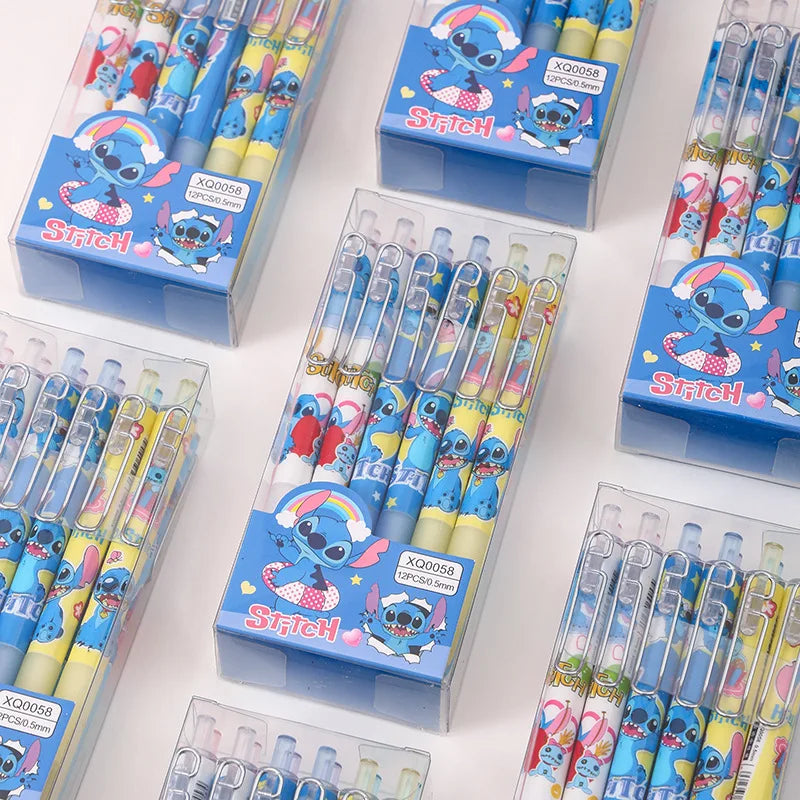 Disney 12pcs Gel Pens Cartoon Stitch New Pressing Pen Black Water Ink 0.5mm Cute Signature Pen Stationery Student children Gift