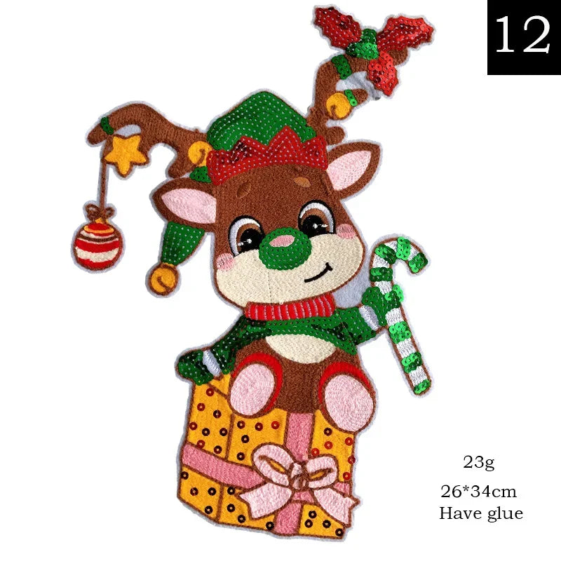 Big Sequined Christmas Appliques Bear Reindeer Santa Snow Tree Cartoon Iron on Patches Festival Decorative Stickers for Clothing