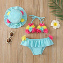 3Pcs Girls Bikini Sets Baby Swimwear Halter Flower Bra + Ruffle Skirt + Sun Caps Toddler Bathing Suit Infant Beachwear 0-24M