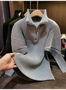 Miyake Pleated Sweatshirt Pit Stripe Zipper Standing Collar Jacket Women 2025 New Casual Pullover Hundred Pleat Skinny Tops