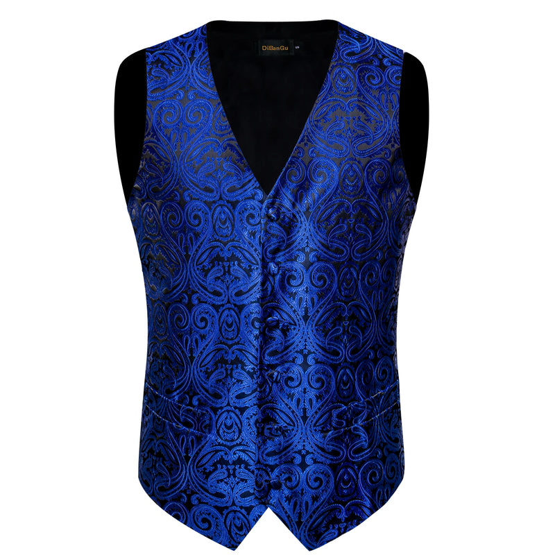 Luxury Men's Suit Vest Royal Blue Paisley Waistcoat with Neck Tie Handkerchief Cufflinks Wedding Prom Tuxedo Sleeves Vest