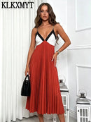 KLKXMYT Elegant Women Beading Slip Long Dress Pleated Sleeveless Backless Sexy Midi Dress Female Evening Party Dresses