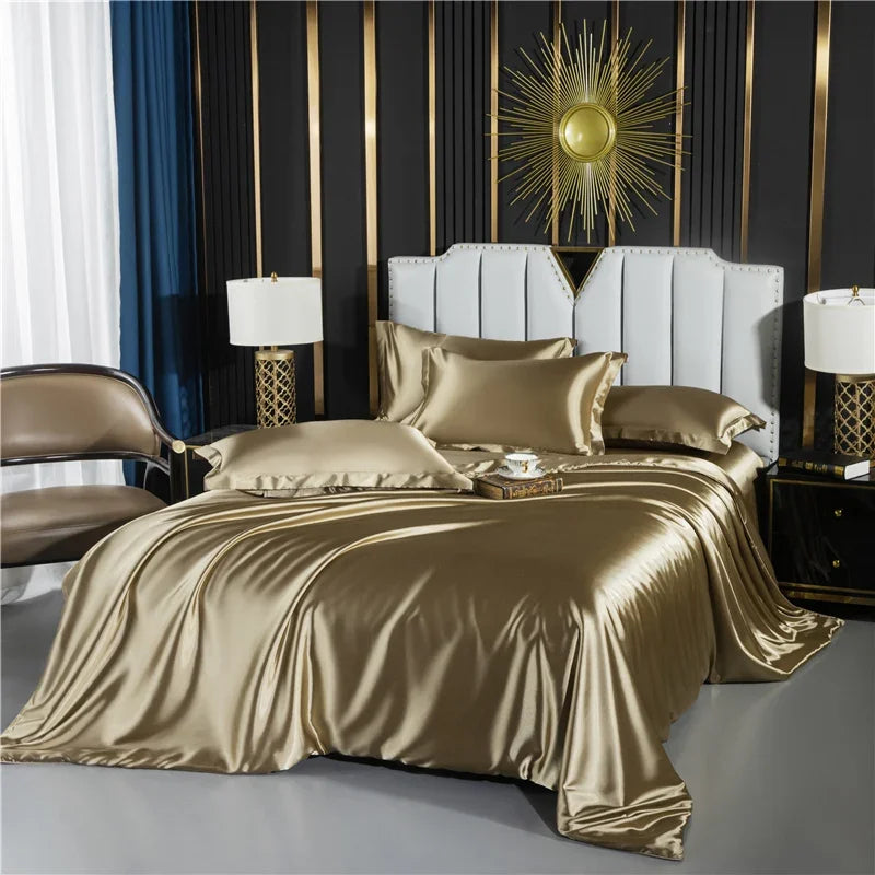 Solid Silk Bedding Set with Duvet Cover Fitted/Flat Bed Sheet Pillowcase Luxury Couple Bedsheet King Queen Double Twin Size