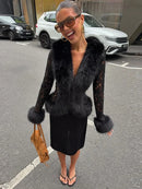 Sexy Lace Patchwork Women's Fur Coat V-Neck Full Sleeve Waist-Closed Lady Coats 2026 Autumn Winter Chic Female Streetwear