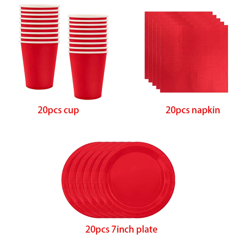 Solid Red Theme Birthday Party Supplies Disposable Dinnerware Paper Napkin Cup Plate Tablecloth Banner for Wedding Decoration