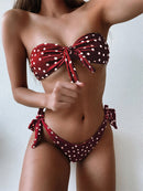 Bandeau-Bikini zum Binden für Damen, schulterfrei, mit schwarzen Punkten, hoher Beinausschnitt, zweiteiliger Badeanzug, Thong-Bikini 2022