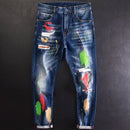 Streetwear Fashion Men Jeans Retro Blue Stretch Slim Fit Ripped Jeans Men Painted Designer Hip Hop Splashed Denim Pants Hombre