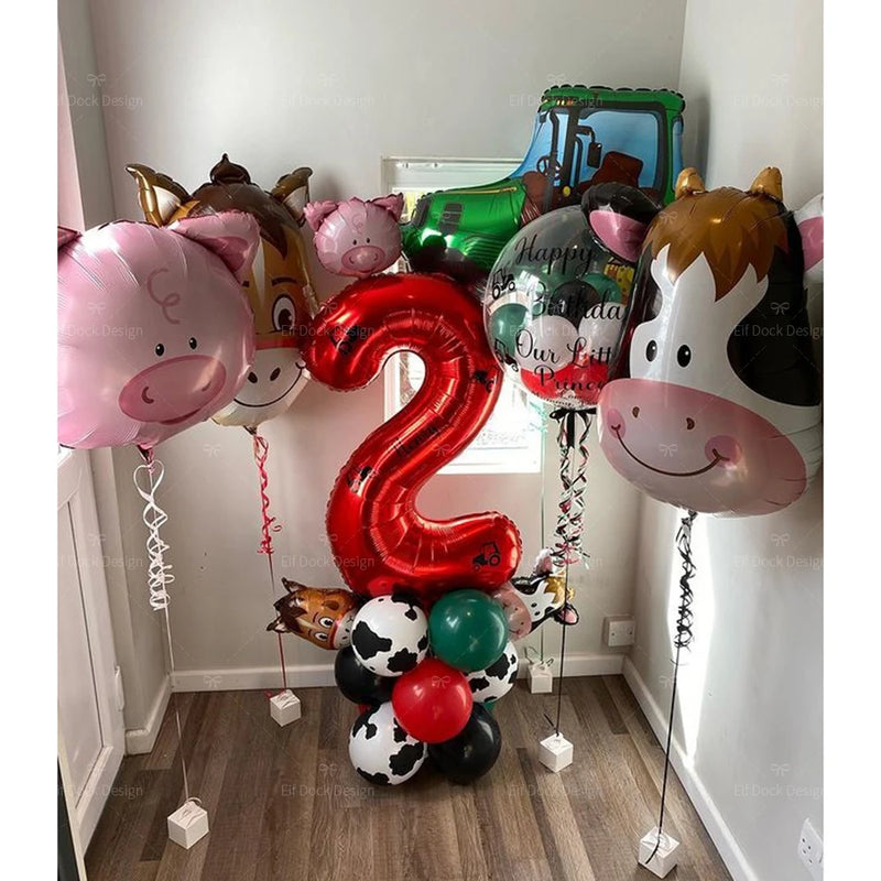 30pcs Farm Theme Green Tractor Cow Pig Inflatable Balloons 32inch Red 1-9 Number Balloon Happy Birthday Party Decor Baby Shower