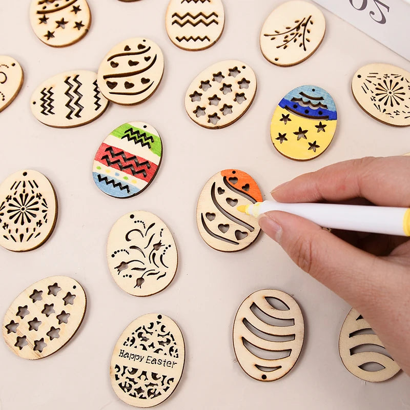 25/50Pcs Happy Easter Wooden Eggs DIY Craft Hanging Ornaments Hollowed Wood Chips Easter Party Decorations For Home Kids Gift