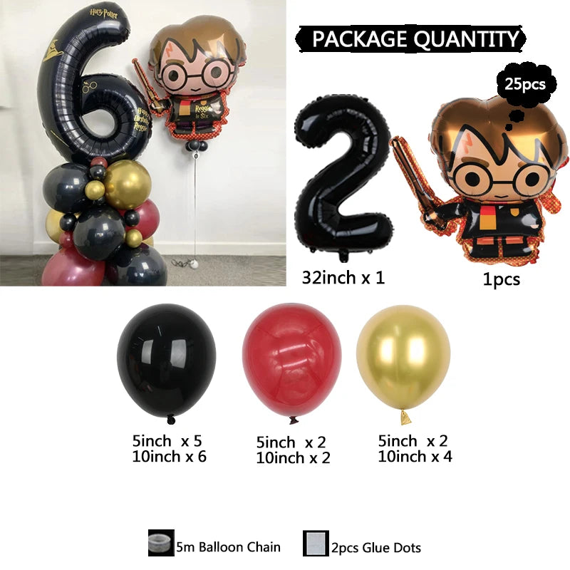 25pcs Harry Potter Theme Balloon Column 32inch Black Number 1-9th Children Birthday Baby Shower Party Decoration Globos Supplies