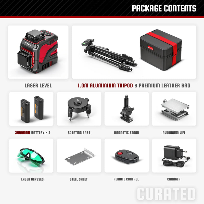 YEVOLT YVGLL4XS12 Series Green Laser Level 3-Plane 12-Line Self-leveling 360 3D Horizontal & Vertical 3.6V 3Ah Power Tools