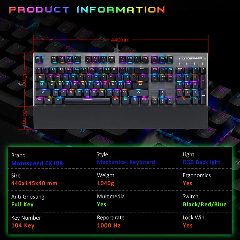 Motospeed CK108 Mechanical Keyboard 104 Keys Wired RGB Backlit Computer Desktop Office Gaming Keyboard For PC Laptop