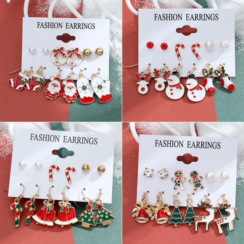 6 pairs Christmas Earrings Xmas Tree Brown Elk Snowman Santa Claus Cute Christmas Stud Earrings Christmas Gifts For Women Girls