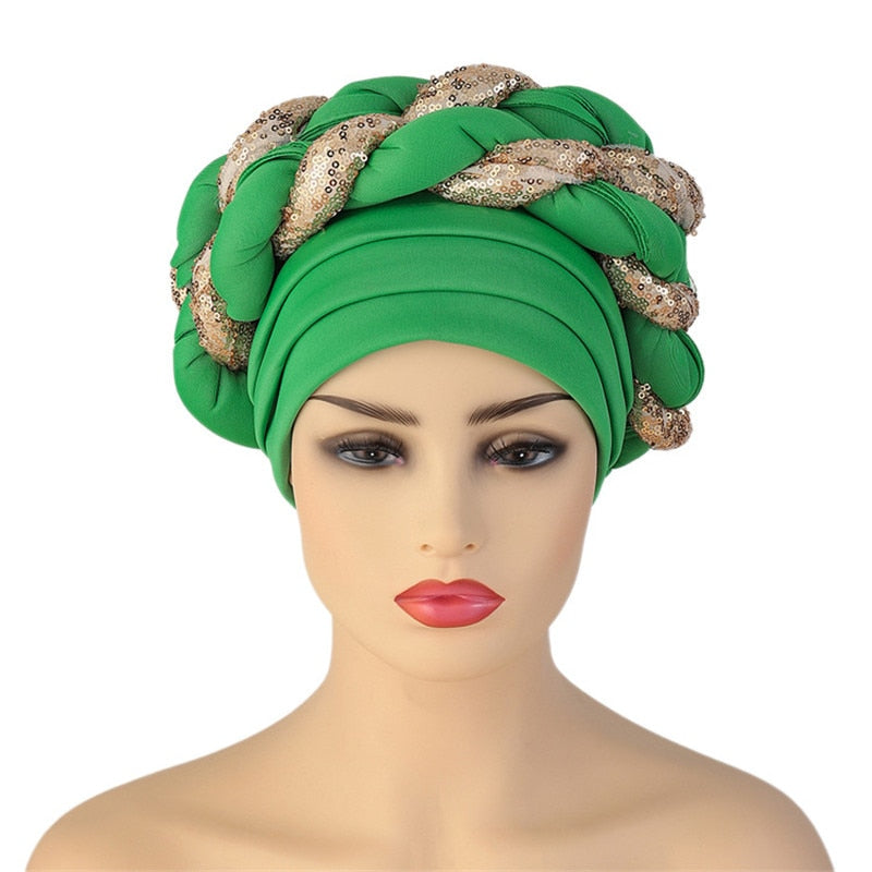 Latest African Auto Geles Headtie Already Made Headties Shinning Sequins Turban Cap for Women Ready Female Head Wraps