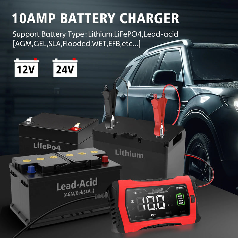 HTRC 10A 12V/5A 24V Car Battery Charger for Motorcycle Lithium LiFePO4 Lead-Acid AGM Gel WET Automatic Pluse Repair Charger