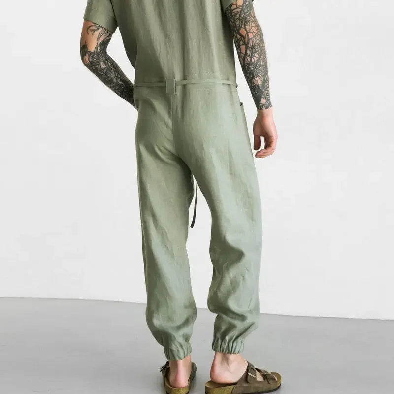 Men's Jumpsuits Linen Summer Leisure Suit Summer Short Sleeve Rompers Overalls Trousers Fashion Mens Joggers