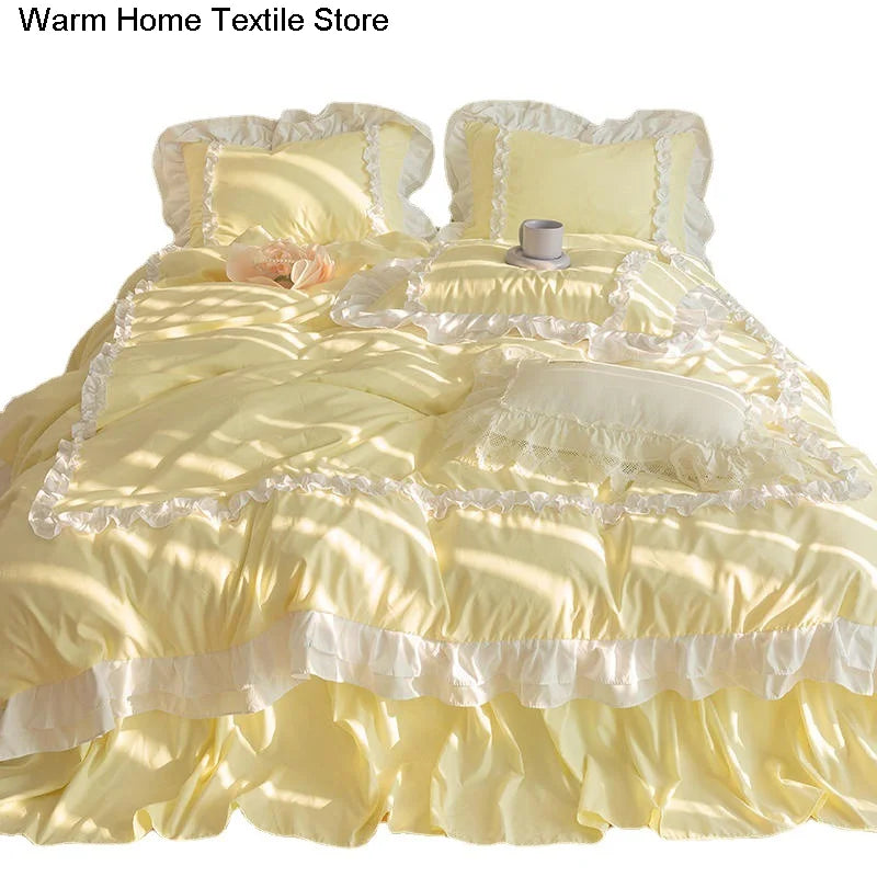 Korean Ins Bedding Set, Luxury Quilt Cover, Pillowcase Flat Bed Sheets, Simple Girl Princess Ruffle Home Textiles