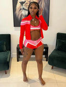 2025 Trending Summer Outfit Woman 3 Piece Set Fitted Tracksuit Color Block Sports Bra Jacket and Shorts Ladies Gym Workout Sets