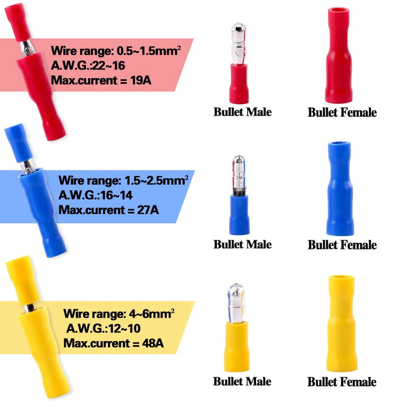 100/50x Female and Male Insulated Electric Quick Splice Wire Terminals Connector Crimp Bullet terminal for 22~10AWG Audio Wiring