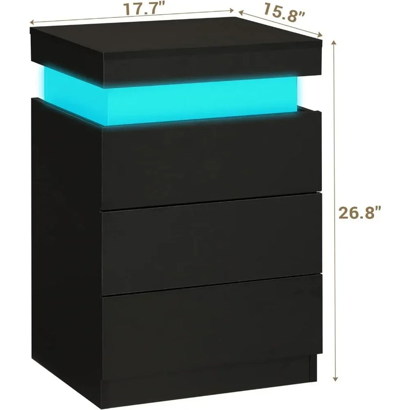 Nightstand with Charging Station and LED Lights, Nightstand with Sliding Top, Bedside Tables with Drawers, Modern End Side Table