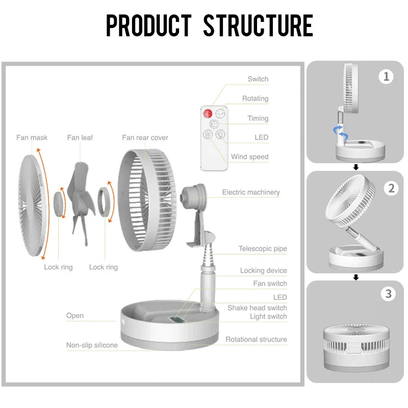 P10 Portable Folding Fan 10800mAh USB Remote Control Air Cooler Silent Rechargeable Wireless Floor Standing Fan For Outdoor Home