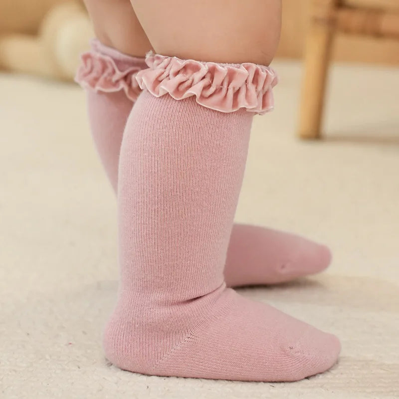 Baby Ruffle Socks Kids Infant Girls Knee High Sock Toddler Girl Solid Cotton Lace Flower Long Christmas Sock For 0-3 Years Gift