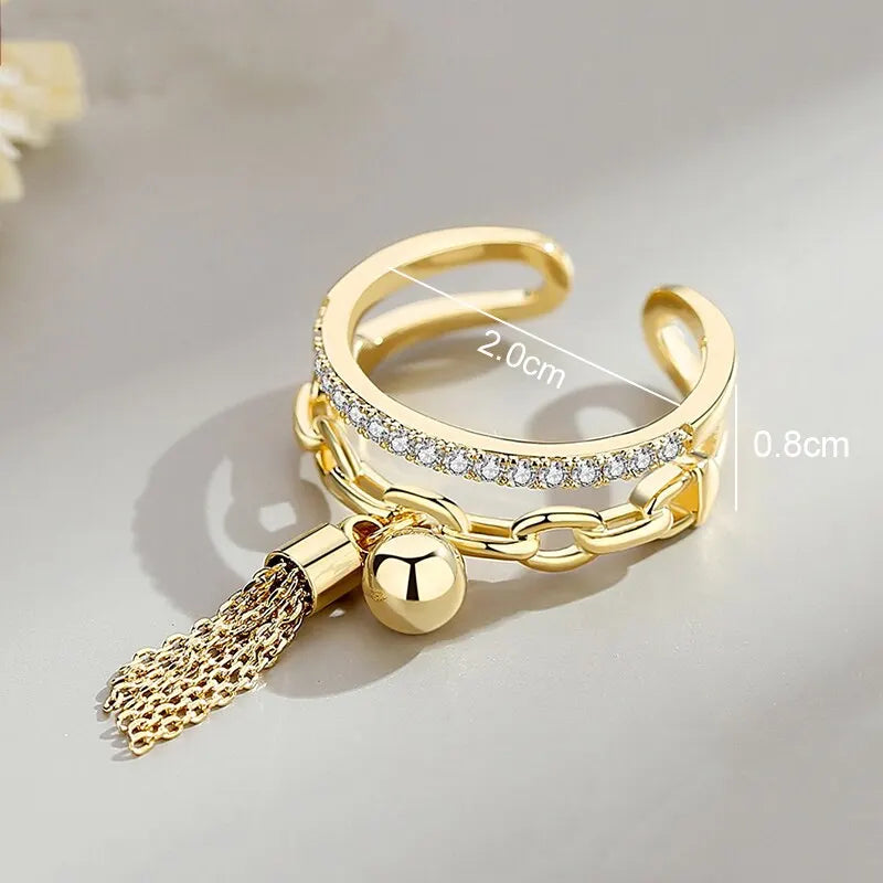 Fashion Gold-Color Open Adjustable Ring With Tassel For Women Fashion Classic Hollowed Rhinestone Tassel Ring Jewelry Gift