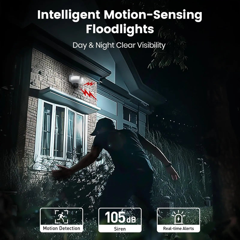 AOSU 3K UHD WiFi Floodlight Camera Outdoor 360° View Color Night Vision Wireless Security Camera PIR Detection 2-way Audio