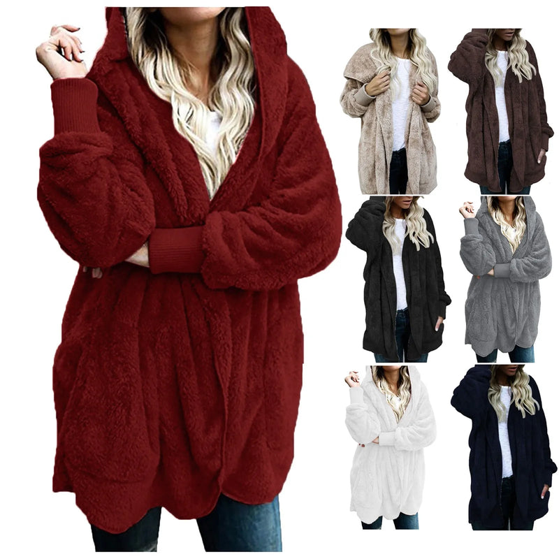 New Women Winter Warm Coat Jacket Elegant Casual Daily Outwear Ladies Commuting Cardigan Coat Double Sided Velvet Hooded Coat