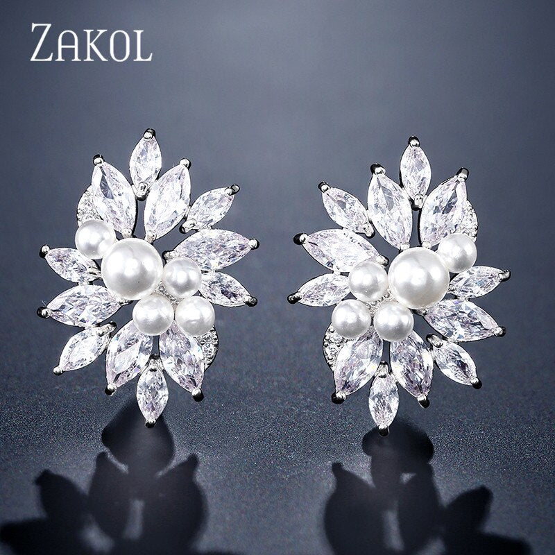 ZAKOL Delicate Cubic Zircon Crystal Stud Earrings for Women Fashionable White Color Flower Handmade Wedding Jewelry EP480