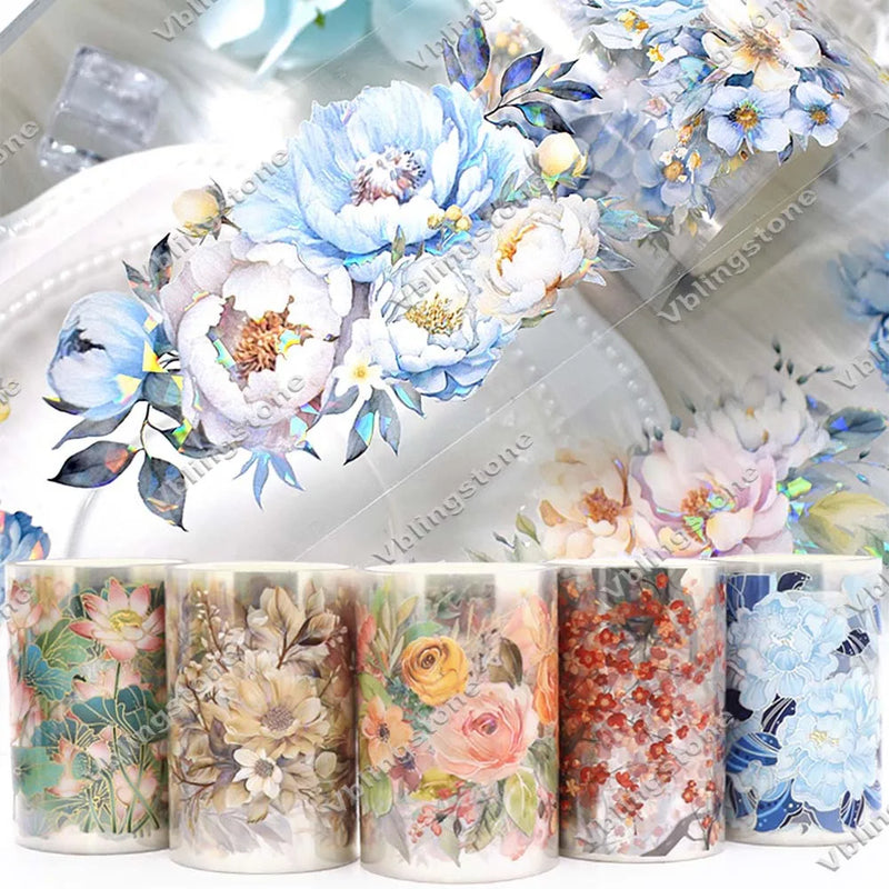 2M Blue Flower PET Washi Tapes Cute Girls Rose Transparent PET Masking Tape Decorative Diary Scrapbooking Sticker Aesthetic