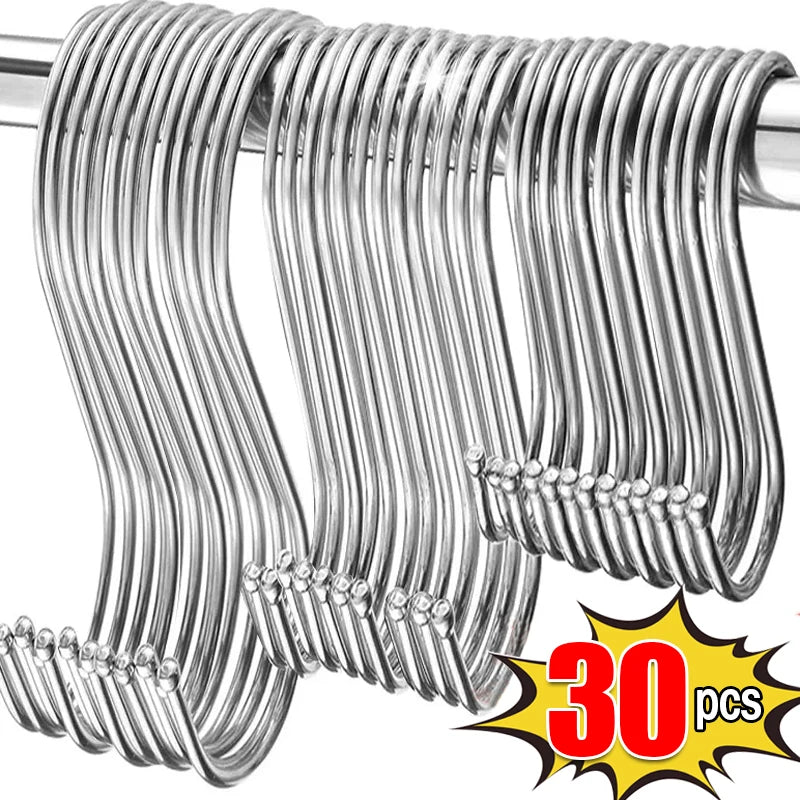 30/10Pcs Stainless Steel S-Shaped Hook Bags Clothes Caps Towels S Hooks Plants Hanging Hangers Kitchen Bathroom Storage Holders