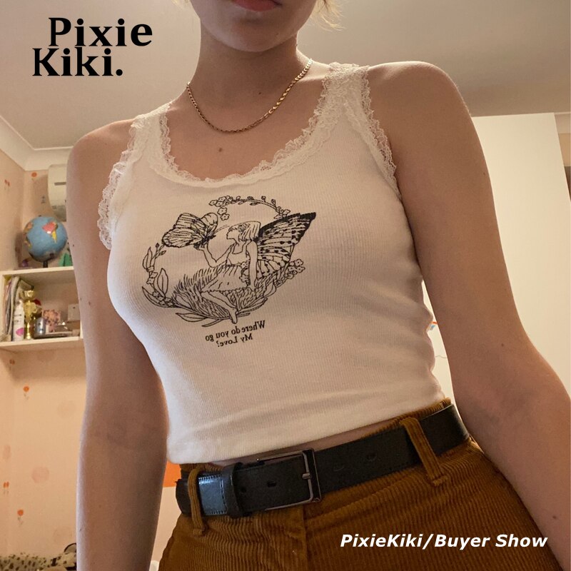 PixieKiki Cartoon Printed Lace Trim White Crop Top Fairy Grunge Summer Clothes for Women Cute Slim Fit Ribbed Tank Tops P95-BC12