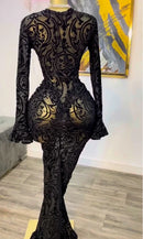 CM.YAYA 2025 Fall Women Long Sleeve Stacked Mesh See Though with Lining Bodycon Long Dress Evening Birthday Sexy Party Dresses